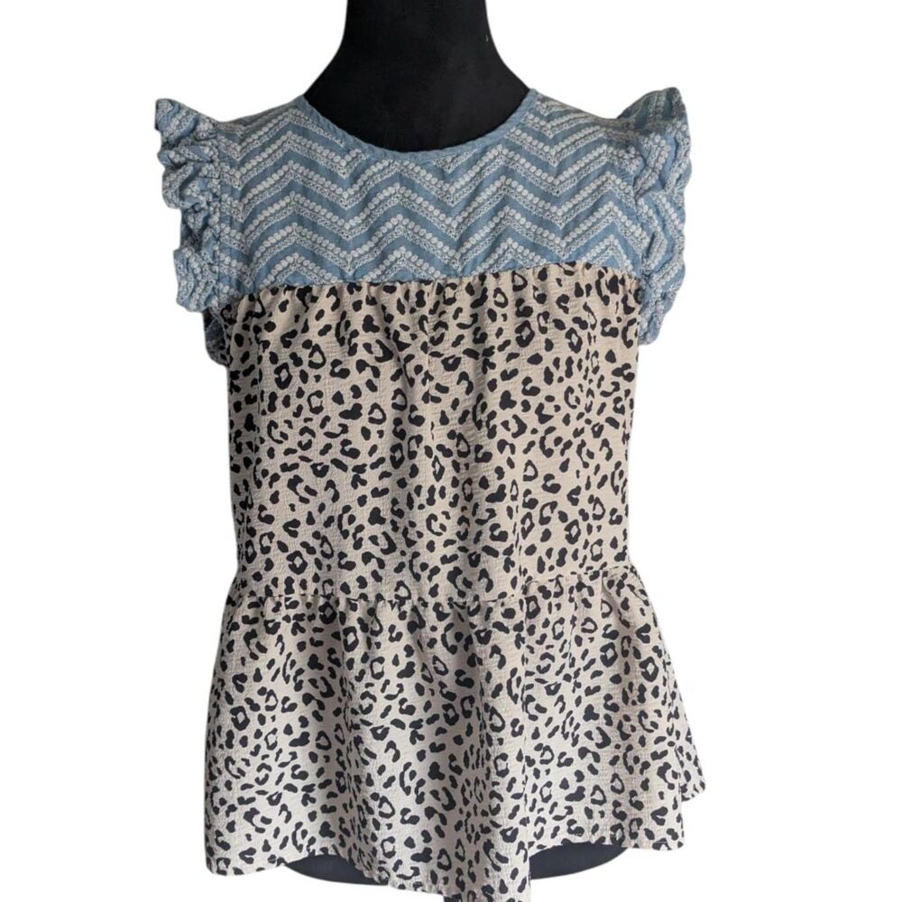 THML Anthropologie Leopard Print Mixed Media Peplum Top Blue Embroidery Small